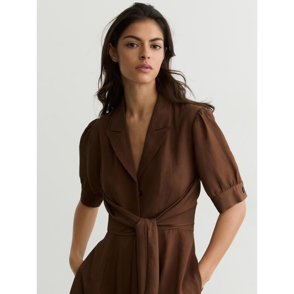 REISS Tessera Short-Sleeve Belted Midi Dress with Linen | Jarrolds, Norwich