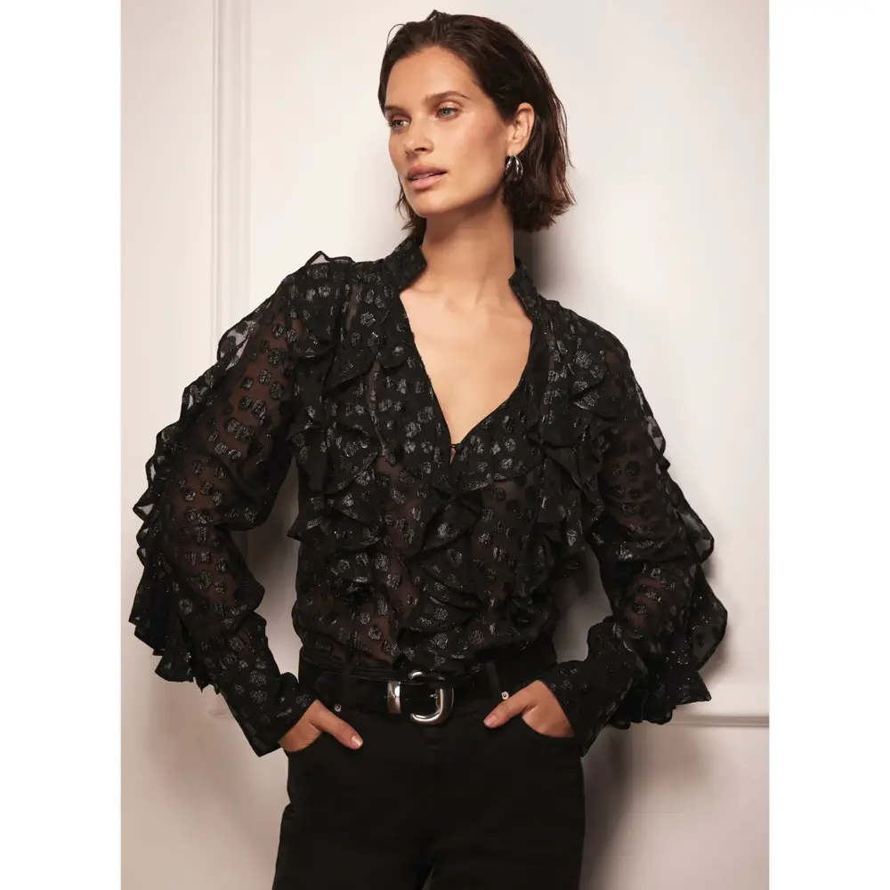 Mint Velvet Black Jacquard Ruffle Blouse