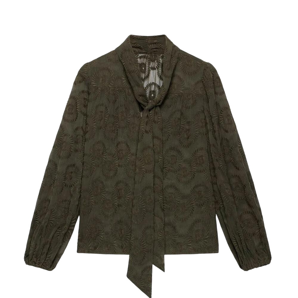 Mint Velvet Khaki Floral Tie Neck Blouse