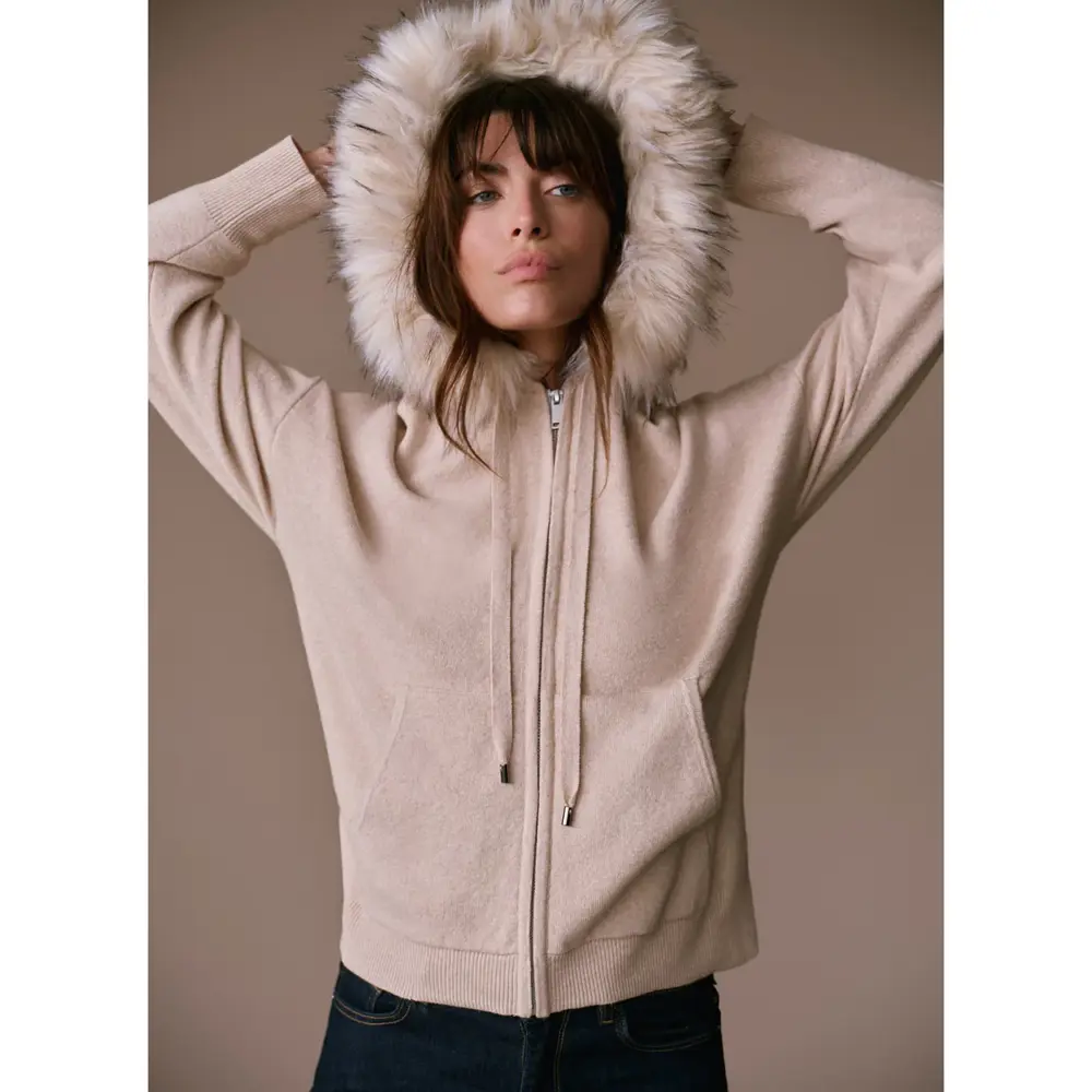 Mint Velvet Neutral Faux Fur Trim Cotton Blend Hoodie Jarrolds