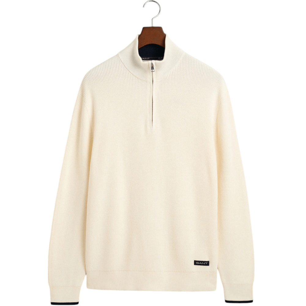 Gant Ribbed Cotton Half Zip Sweater - M, CREAM