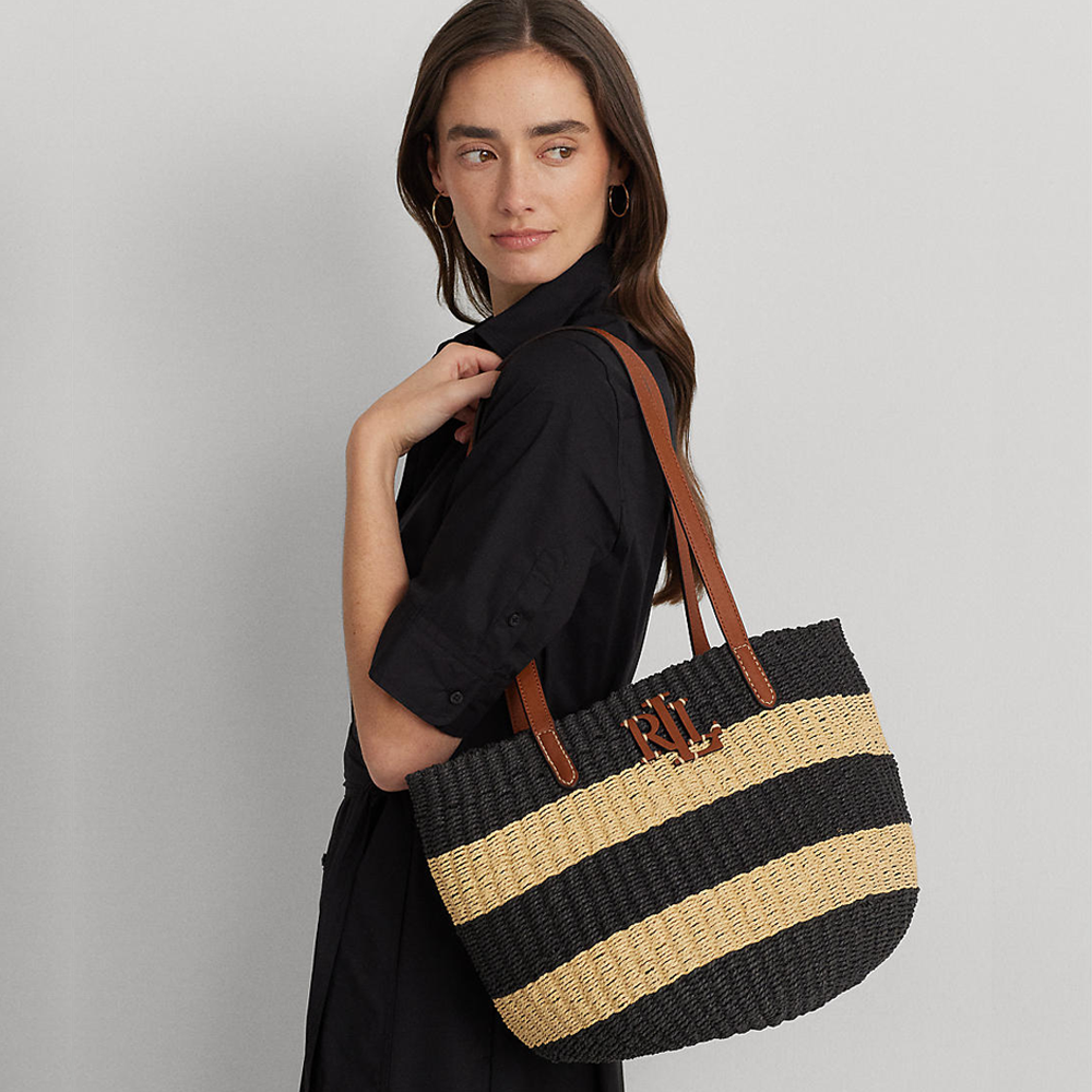 Lauren Ralph Lauren Striped Straw Medium Hartley Tote Bag
