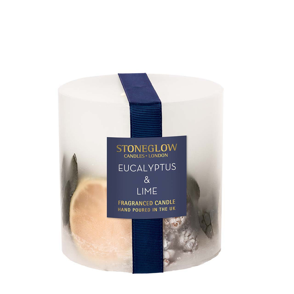 Stoneglow Seasonal Collection Scented Candle Inclusion Pillar 9.5cm Orange cinnamon eucalyptus lime scent christmas candle botanical candle gift candle large candle winter candle - Eucalyptus and Lime