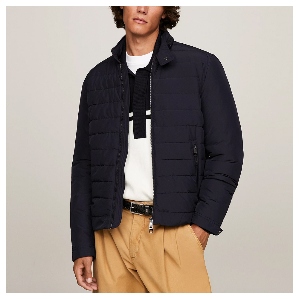 Navy racer neck outlet jacket